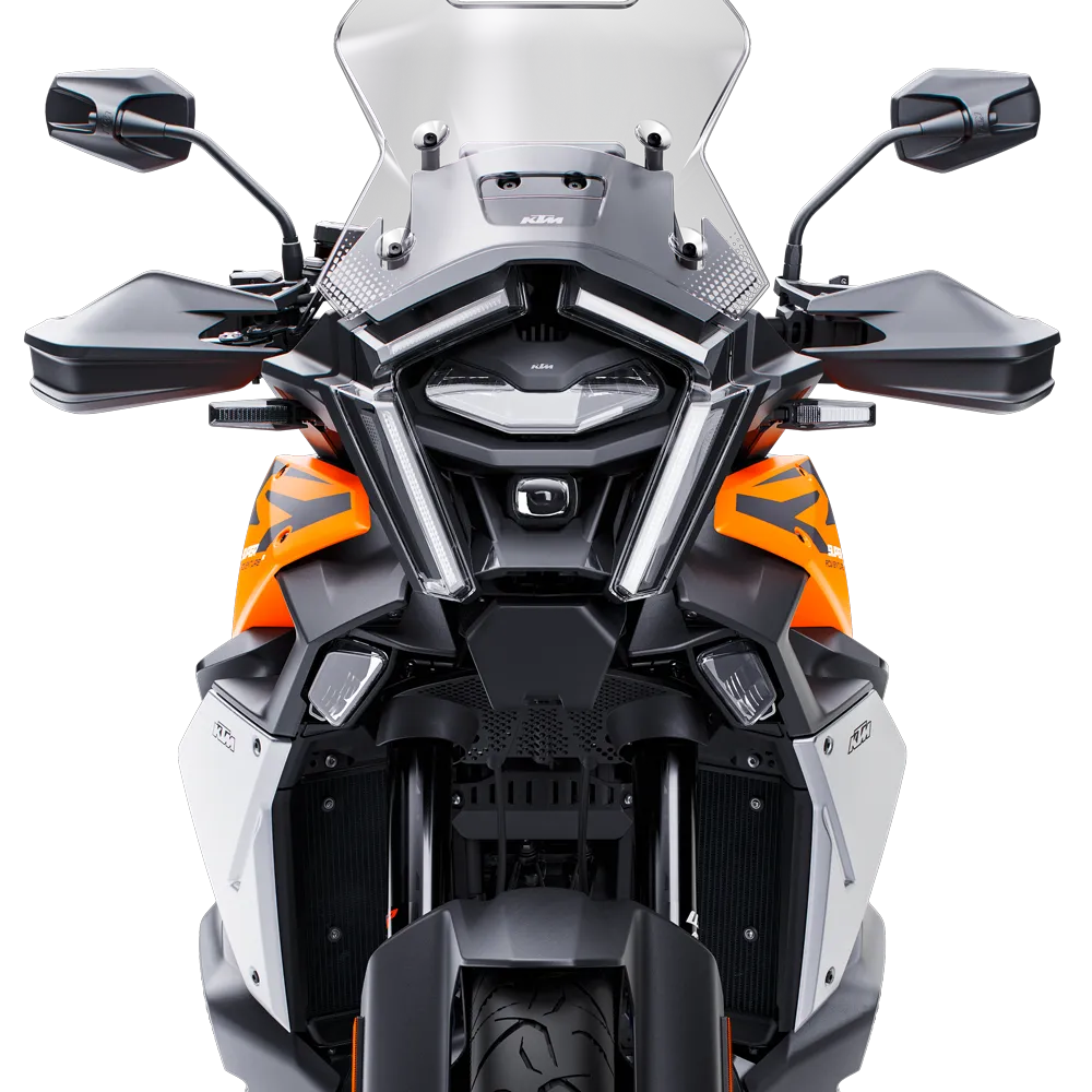 Face avant de la KTM 1390 Super Adventure S EVO, montrant l'emplacement du radar sous le phare
