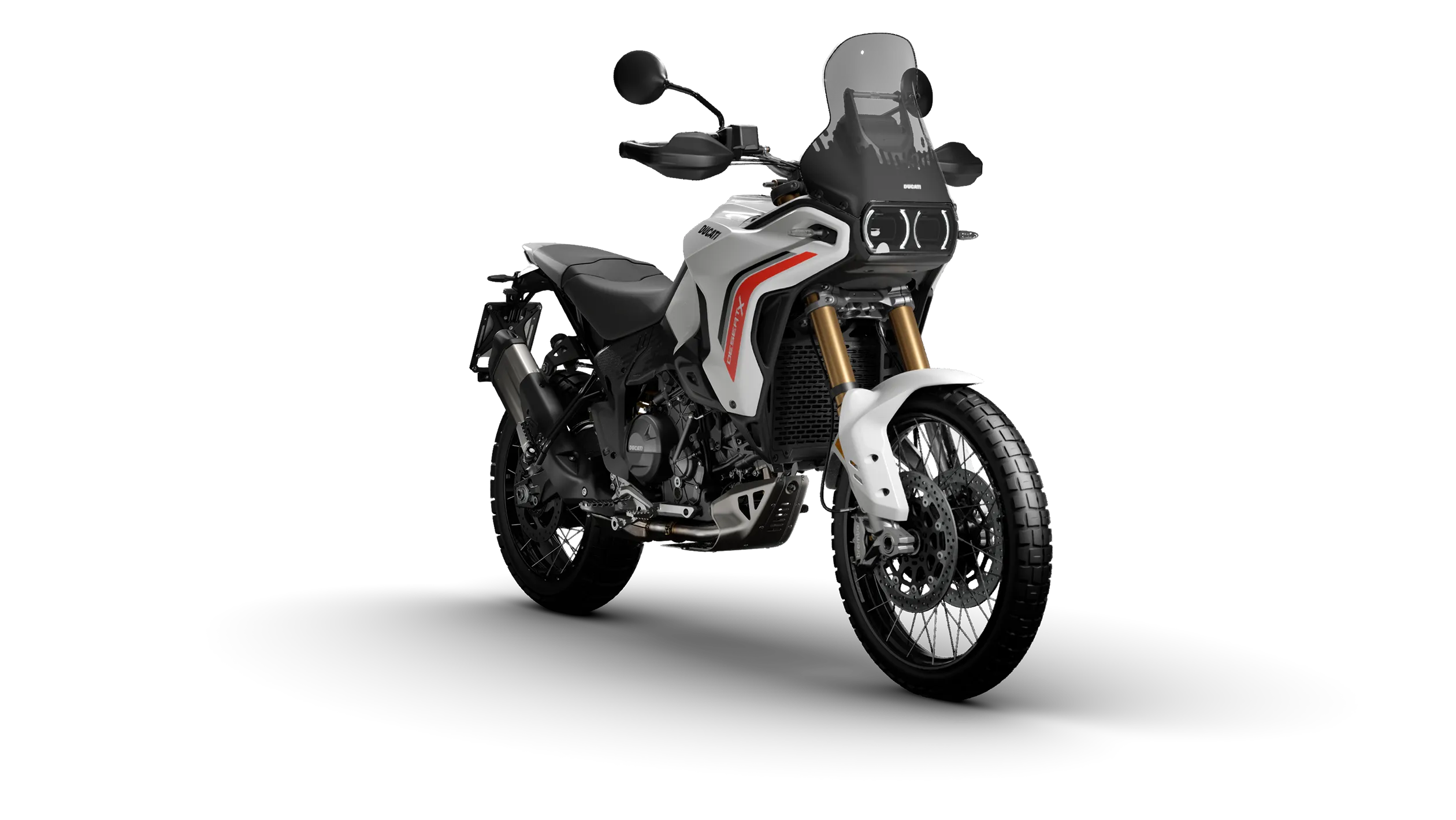 Ducati DesertX V2 vue de profil sur fond clair, roues à rayons apparentes